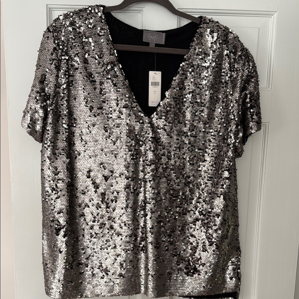 Anthropologie Silver Sequin Boxy Blouse